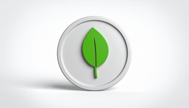 3D round badge with single leaf symbol inside icon isolated on white b