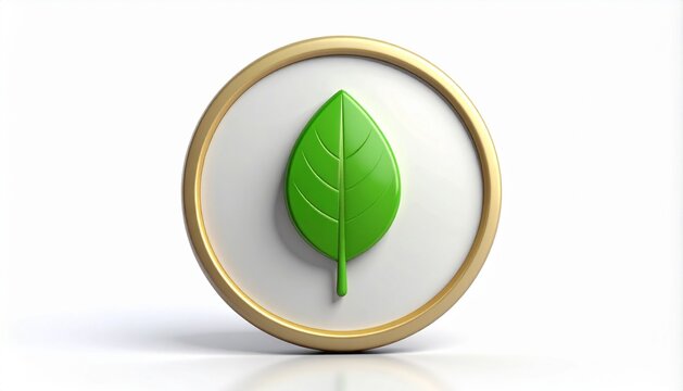 3D round badge with single leaf symbol inside icon isolated on white b