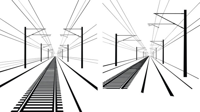Electrified Railway Track Silhouette with Overhead Power Lines Perspective View