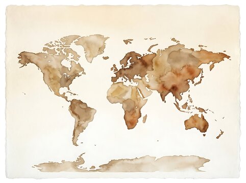 Watercolor world map illustration on vintage textured paper background