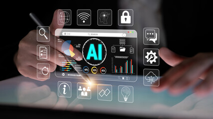 Futuristic Interface Display with AI Analytics and Digital Data Visualization on a Clear Screen in...