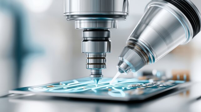 Close up detailed view of advanced semiconductor chip manufacturing process using precise laser and micro dispensing technology on circuit board
