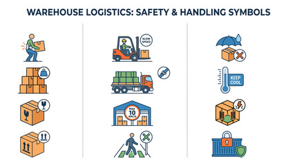 Fototapeta premium Warehouse logistics infographic symbols featuring package handling guidance