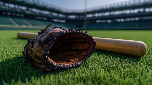 New Baseball Glove Leather Creased From Break-in Resting on Field