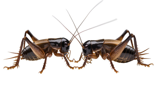 Isolated two field crickets fighting side view. Detailed studio shot of insect animals.