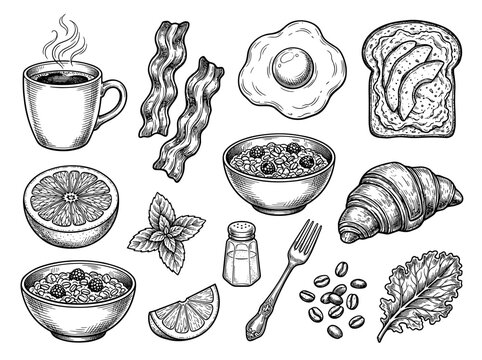 Hand drawn black ink breakfast food sketch set, coffee mug with egg and bacon isolated on white background