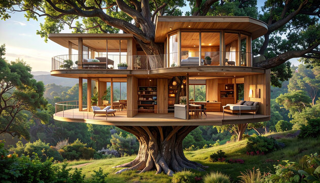 Unique modern treehouse nestled in lush forest