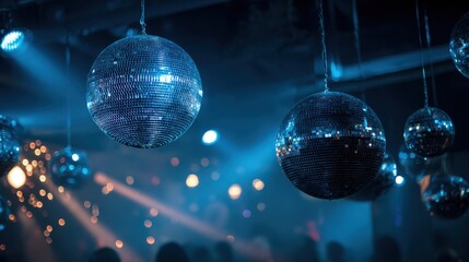 Fototapeta premium Shimmering mirror spheres cast cool blue light across a retro dance floor