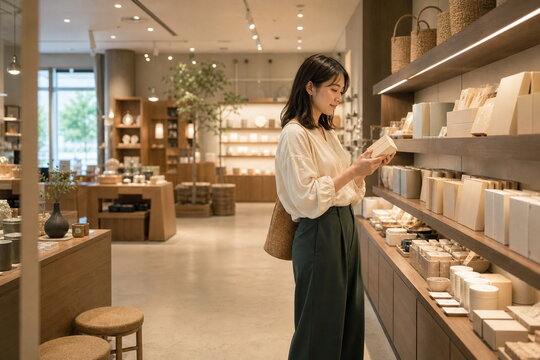 土産店で商品を手に取る女性旅行者