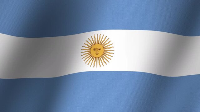 Flag of Argentina: A close-up, rippling view of the national flag of Argentina, showcasing its iconic sky blue and white stripes and the radiant golden Sun of May emblem in the center.