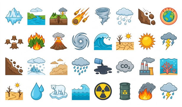 Climate Change Disaster Icons Set Vector with Melting Glaciers Floods Wildfires and Natural Hazard Symbols