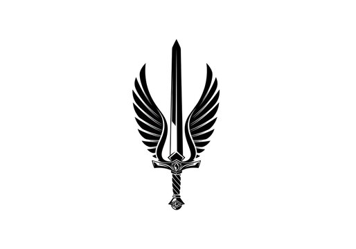 Stylized sword with wings black and white emblem.