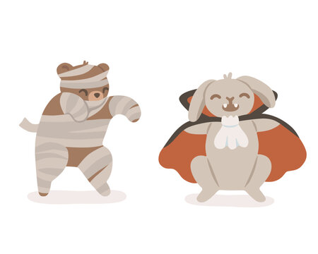 Cute Halloween animal characters featuring a mummy bear and vampire bunny. Adorable forest animals in costumes, isolated on background. Flat vector illustration.