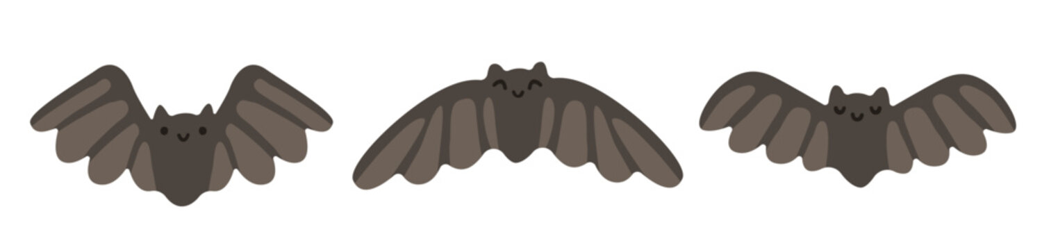 Set of cute flying bats with smiling faces for Halloween designs. Adorable animal characters isolated on background, perfect for nursery and seasonal projects. Flat vector illustration.