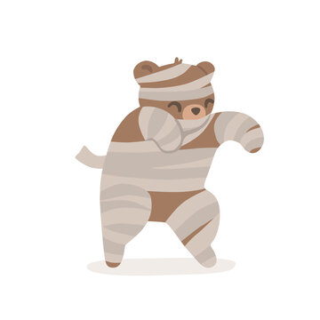 Cute mummy bear in a Halloween costume, wrapped in bandages with a playful pose. Adorable autumn character for nursery, seasonal decor and kids projects. Flat vector illustration.