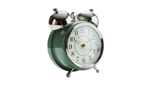 Isolated retro green twin-bell alarm clock with chrome details, classic timepiece for morning wake-up
