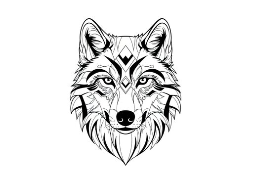 Stylized wolf head with geometric tribal patterns.