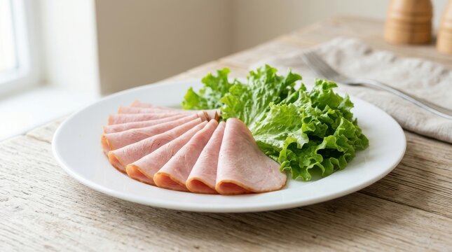 Slices of ham served with fresh green lettuce on a white plate