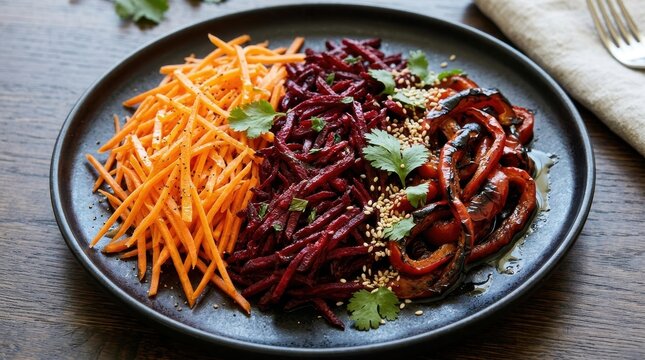 Healthy salad bowl with shredded carrots, beets, and roasted peppers