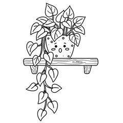 Kawaii Line Art Potted Trailing Houseplant on Wooden Shelf Coloring Page Illustration © Jamper