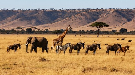 Fototapeta premium African savannah landscape with elephant, giraffe, zebra, and wildebeest herd walking through dry yellow grass. Distant hills under clear blue sky, trees dotting horizon, daytime scene.
