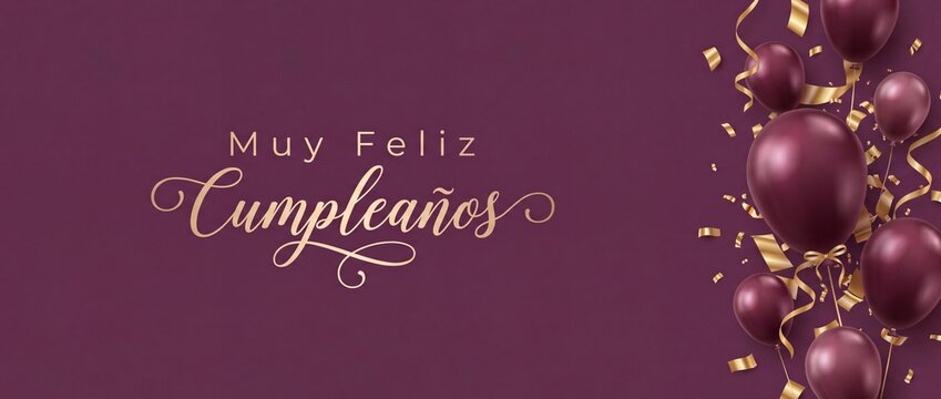 Spanish birthday banner balloon background decorated with maroon balloons and shimmering gold confetti celebrating a happy event in elegant style, featuring golden calligraphy typography design cards.