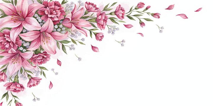Pink lily and carnation floral arrangement with scattered petals on white background