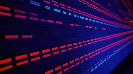 Fototapeta premium Abstract digital grid of red and blue glowing blocks creates futuristic tech background. Lines create sense of depth and motion. Dark digital space.