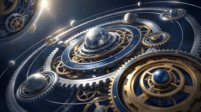 Orrery style cosmic clockwork with planets and constellations on mechanical astronomical rings.