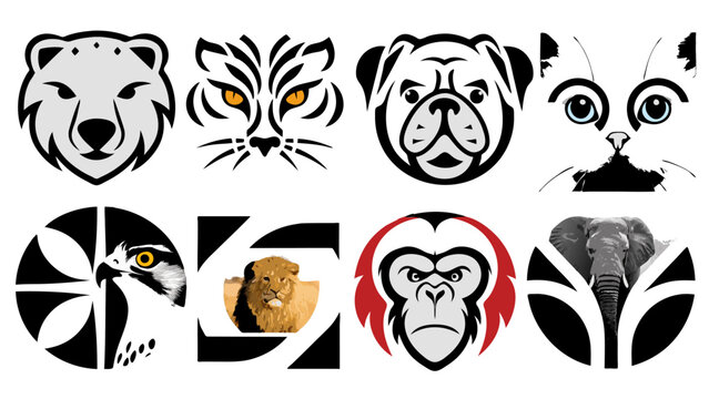 Animal faces vector icon set, wild and domestic animals minimalist logo design elements bundle
