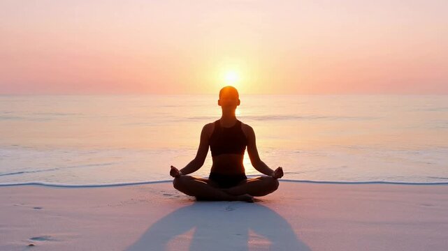 Silhouette of a person meditating on a serene beach at sunset with calm waves in the background relaxation and wellness themed projects