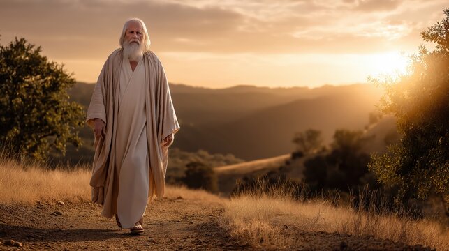 Enoch walks faithfully with god through a peaceful landscape, reflecting unwavering devotion and the hope of eternal fellowship.