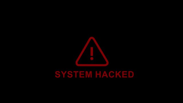 Cyber security alert featuring a flashing red warning triangle and bold system hacked text overlay on a dark background, representing digital data breach, online threat, and network vulnerability