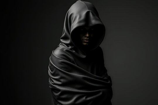 Mysterious person in black leather hood shrouded in shadows