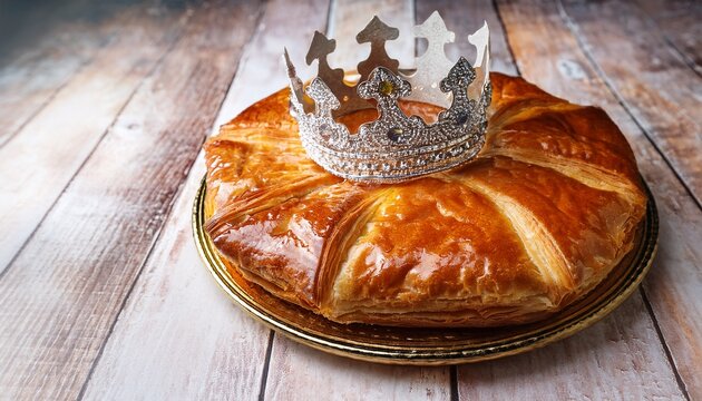 galette des rois traditionnelle avec une couronne argentee posee dessus du sucre glace decore ce gateau pour la fete des rois mages delicieux dessert francaisqui celebre le debut daannee specialite