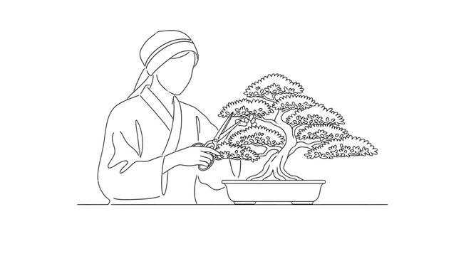 Minimalist line art of a person pruning a bonsai tree on white background