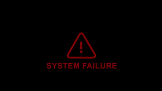 System failure warning alert with flashing red exclamation mark triangle and bold text notification for critical computer network error, cybersecurity breach, or technical software malfunction
