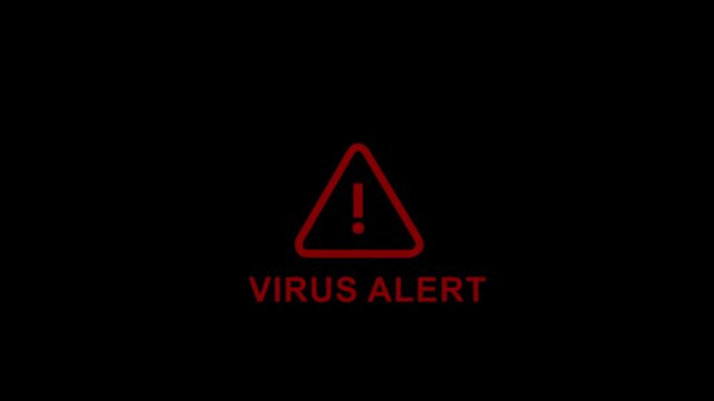Animated red virus alert warning sign with pulsing exclamation mark symbol for cybersecurity software, digital threat detection, malware protection, and online data privacy security notifications