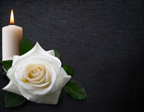 condolence grieving card loss funerals support elegant white rose with burning candle on a black texture background for sending words of support and comfort