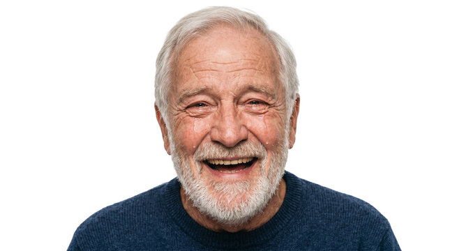 Elderly Man Laughing with Tears of Joy on White Background