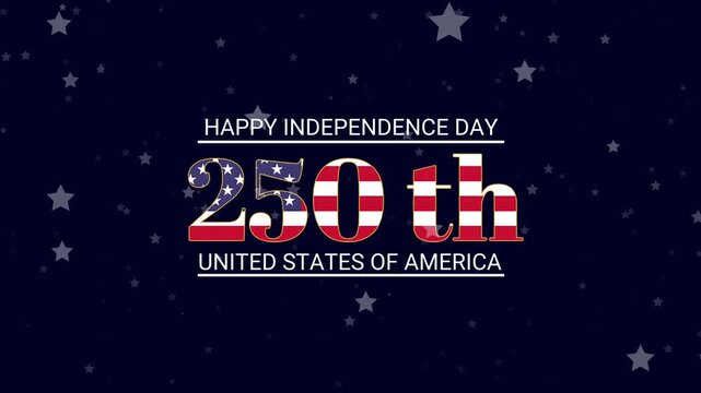 Banner 250th anniversary of the USA. 250 years of independence. 4th of july 2026 usa independence day, video greeting card. Falling star on blue sky background. Fourth of july. 4k seamless loop