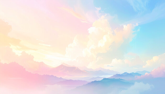 Pastel landscape with mountains and clouds