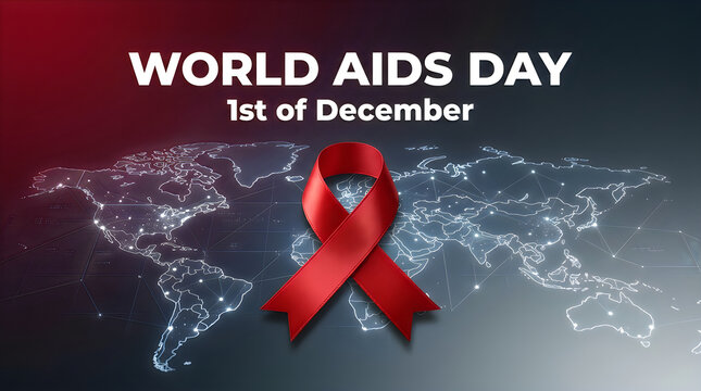 Red aids awareness ribbon over world map graphic with awareness, december