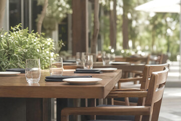 Fototapeta premium Side Angle Restaurant Patio Table No Food With Glassware And Greenery Photographed In Bright Commercial With Layered Restaurant Depth