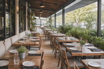 Fototapeta premium Wide Outdoor Restaurant Table Rows With Soft Faded Daylight Photographed In Bright Commercial With Layered Restaurant Depth