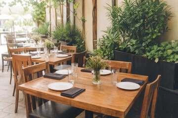 Fototapeta premium Faded Outdoor Restaurant Patio With Wooden Tables And No Food With Greenery Photographed In Bright Commercial With Layered Restaurant Depth