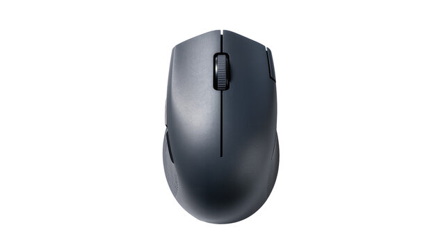 Isolated modern dark wireless computer mouse, sleek ergonomic design, essential pointing device