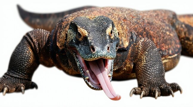 Giant monitor lizard Komodo dragon with mouth open, forked tongue flicking. Close-up animal portrait shows reptile scales, sharp teeth. Wild fauna displays threatening behavior on white background.