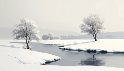 Obraz premium Snowy winter landscape scene with trees and river