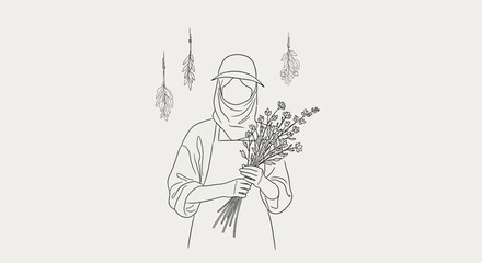 Obraz premium Woman holding flowers with leaves minimalist illustration for design